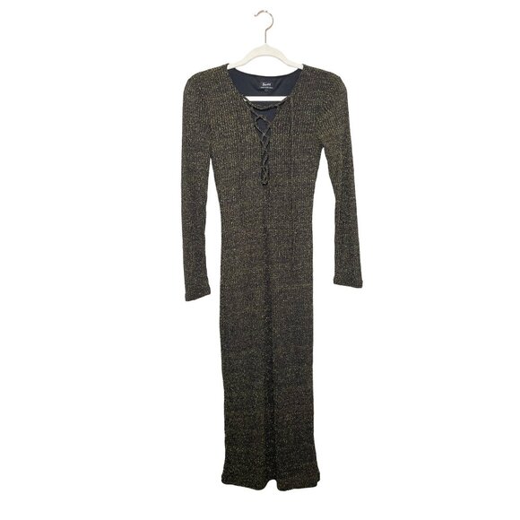 Bardot Romeo Lace Up Dress Size Small Black Gold Metallic Midi Long Sleeve - Picture 2 of 9